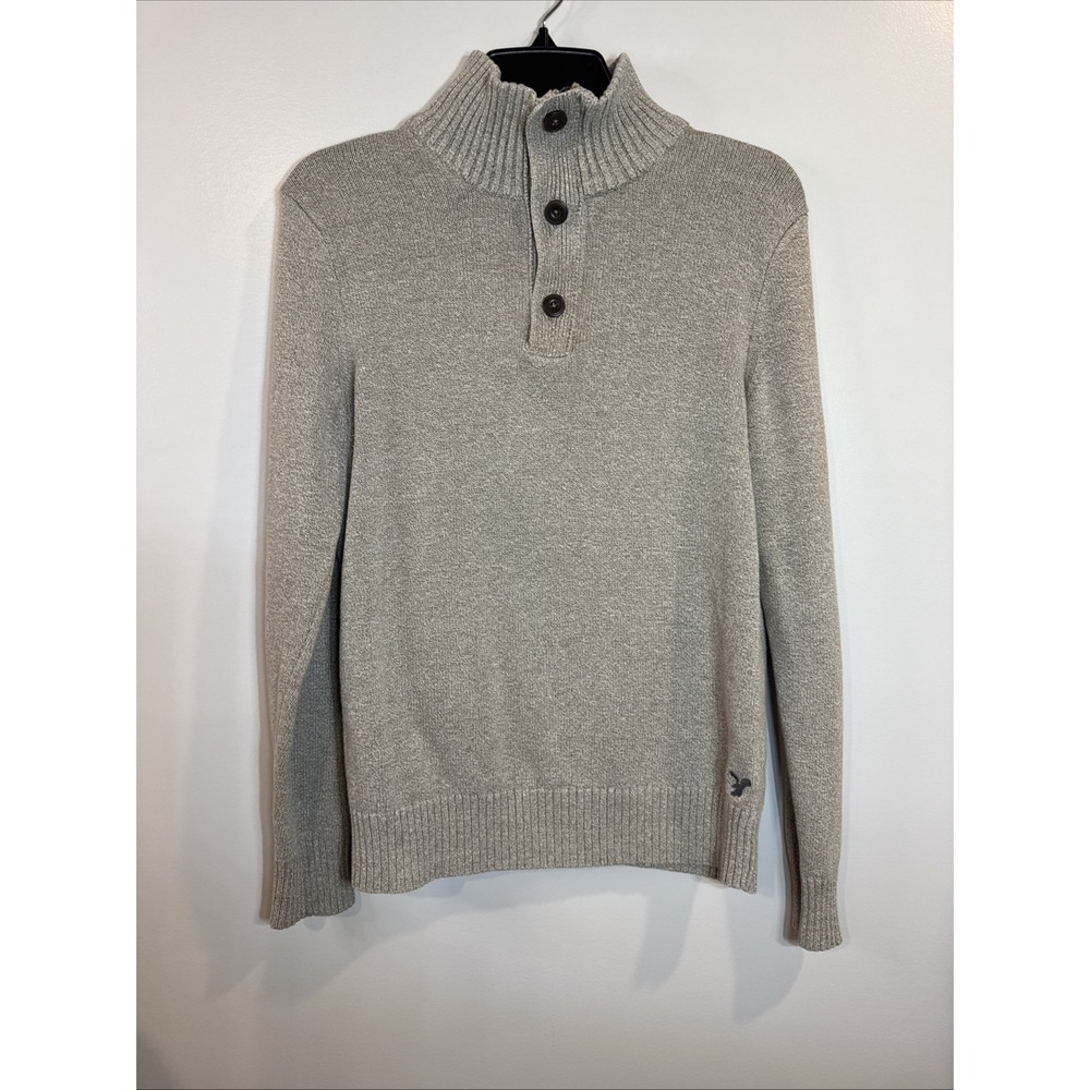 American Eagle Mens S Athletic Fit 1/4 Zip Sweater Beige Mock Neck‎ Button